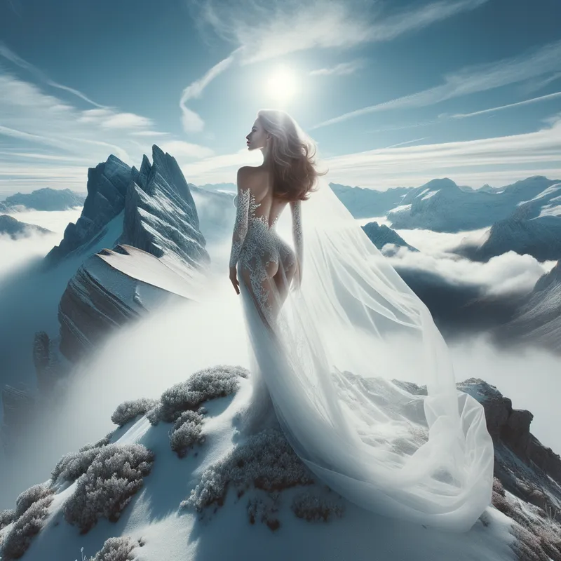 Mountain Echo - A majestic scene of a woman standing atop a snow-capped mountain peak, with a flowing veil made of clouds. The crisp, clear air and the breathtaking landscape underscore her strength and grace. - AI image generated with Art