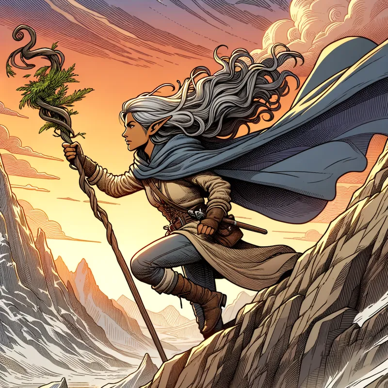 Mountain Quest - A determined female elf with flowing silver hair scales a rugged mountain cliff, a magical staff strapped to her back, as the wind blows her cloak against a dramatic sunset sky. - AI image generated with Art - doodle
