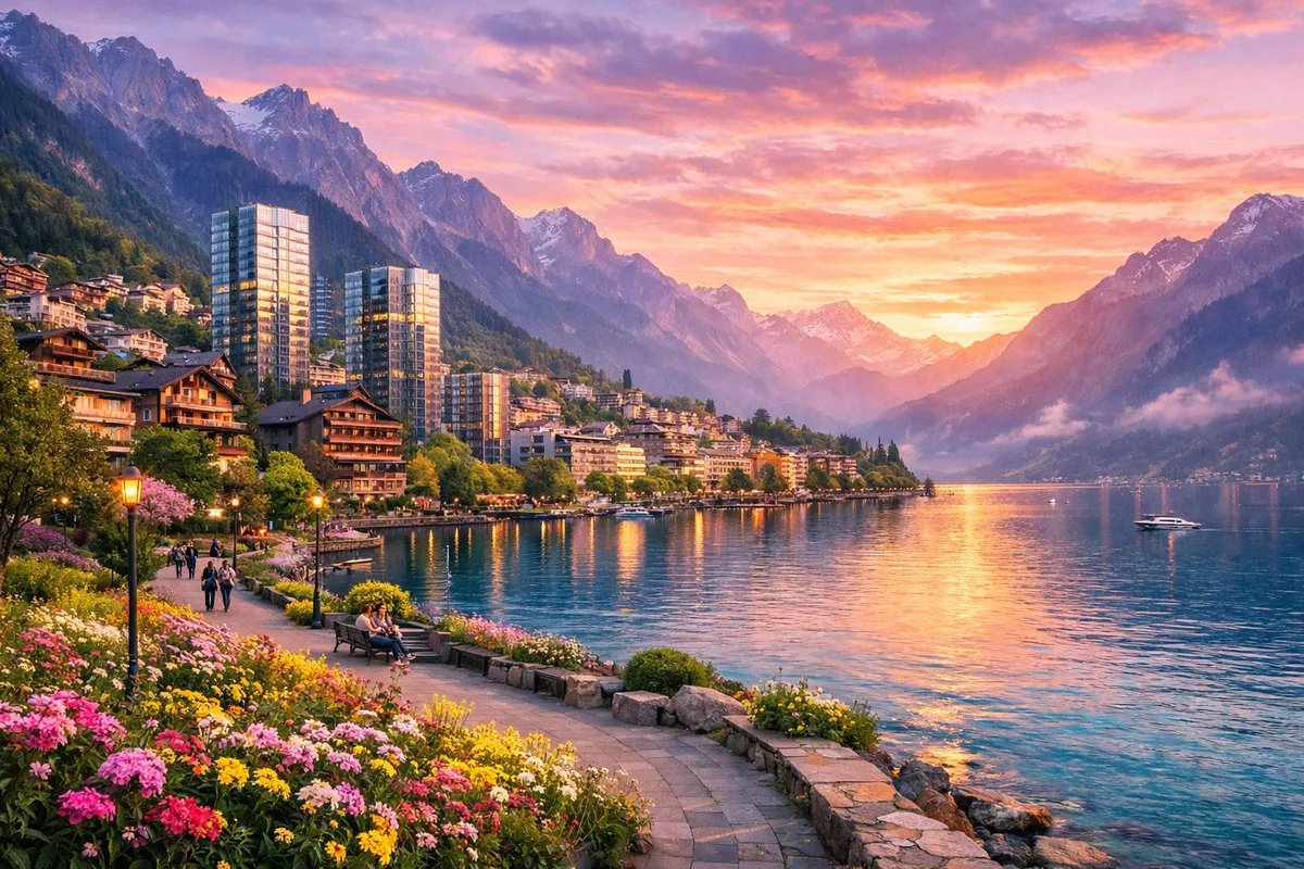 Mountain View Utopia - A serene city nestled between towering mountains and a shimmering blue lake, elegant chalets and glass towers surrounded by bright wildflowers, peaceful parks and walking paths along the waterfront, with a pastel sunset illuminating the paradise city. - AI image generated with GPT Image