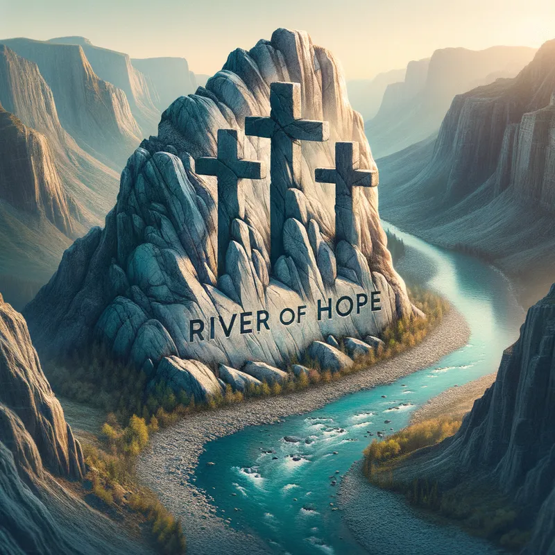 Mountain of Faith - An inspiring image of three crosses standing tall on a rugged mountain, with a clear blue river winding through the landscape. The words 'River of Hope' are subtly etched into the rock. - AI image generated with Art