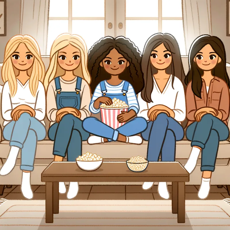 Movie Night - Five female best friends as stick figures sitting on a couch, sharing popcorn and watching a film together, with a homely and relaxed setting. - AI image generated with Art