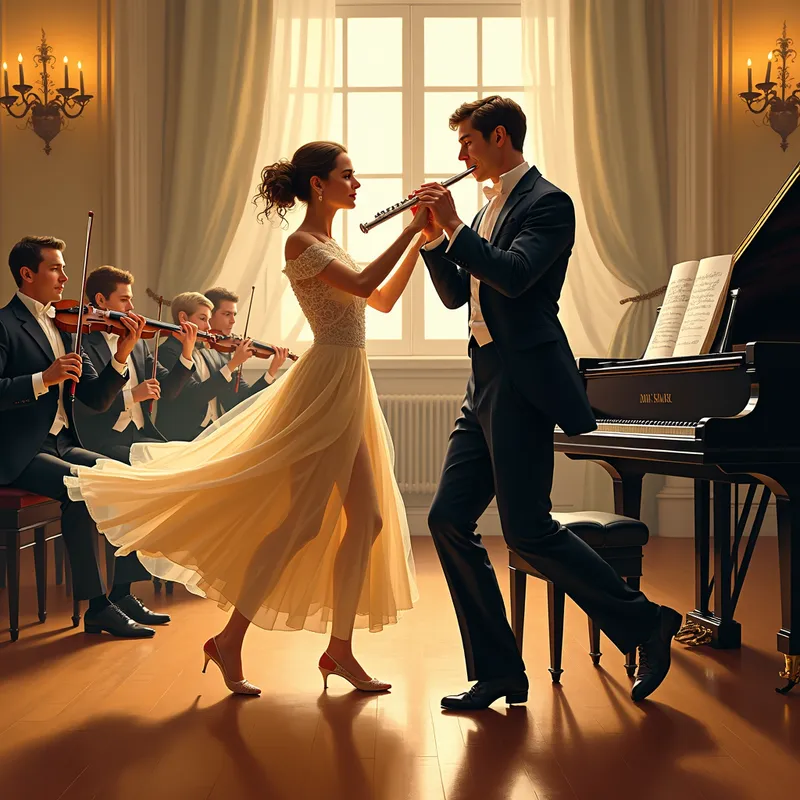 Mozartian Dance - Compose a lively and rhythmic composition inspired by Mozart, utilizing flutes, bassoons, and a piano. The piece should capture the playful and graceful spirit of a ballroom dance.