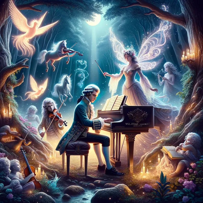 Mozart's Muse - A majestic image of Mozart being inspired by a mysterious muse, surrounded by mythical creatures and floating musical instruments, set in an enchanted forest bathed in moonlight. - AI image generated with Art