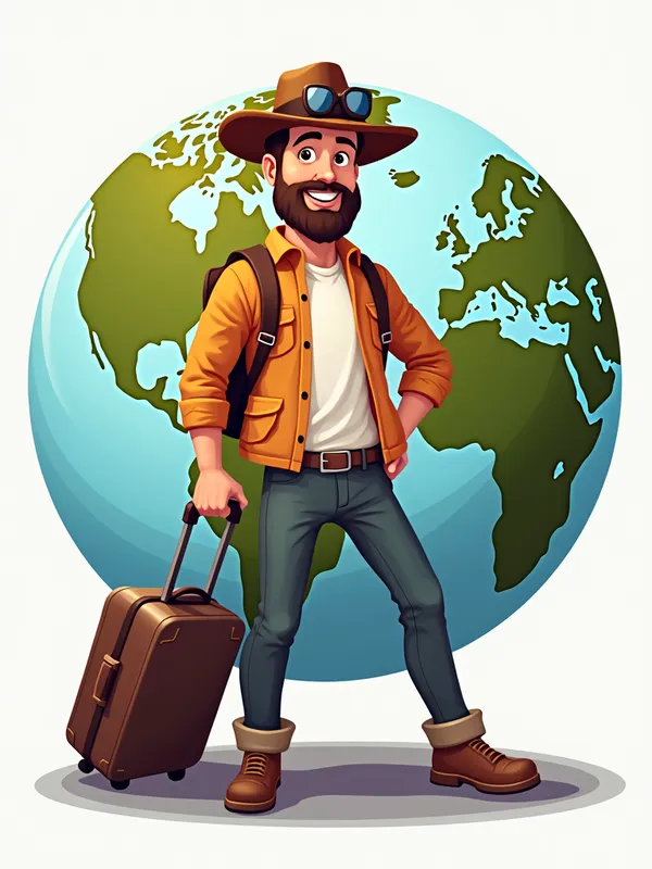 Mr Everywhere Adventure - A bold and adventurous logo with Mr Everywhere holding a suitcase and standing in front of a globe. The imagery should evoke a sense of travel, exploration, and worldwide accessibility. - AI image generated with Photorealistic 2
