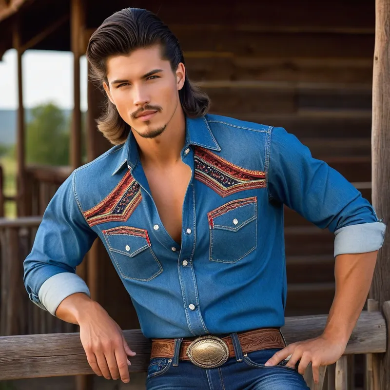 Mullet Maverick - A young, handsome cowboy with a bold mullet hairstyle, showcasing his casual yet charming style in an open button-down cowboy shirt and a pair of well-fitting jeans, exuding a captivating and adventurous vibe. - AI image generated with Photorealistic
