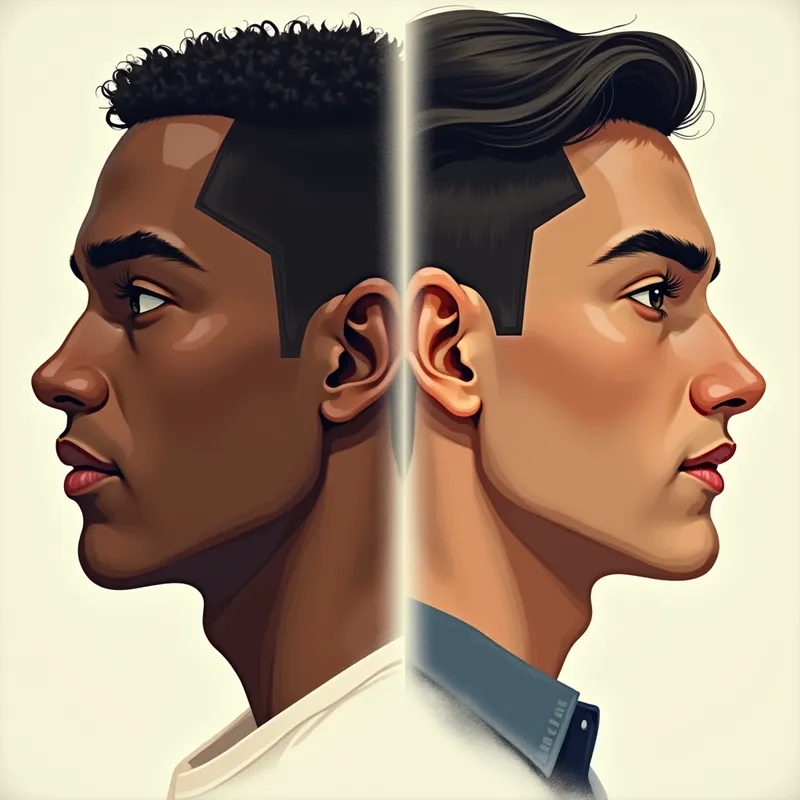 Multicultural Mosaic - Artistic rendering of a male face captured simultaneously from the front and side, drawing inspiration from African, American Indian, Asian, and European ancestries. Each profile subtly accentuates different heritage traits while maintaining an overall harmonious and attractive appearance. - AI image generated with Photorealistic 2