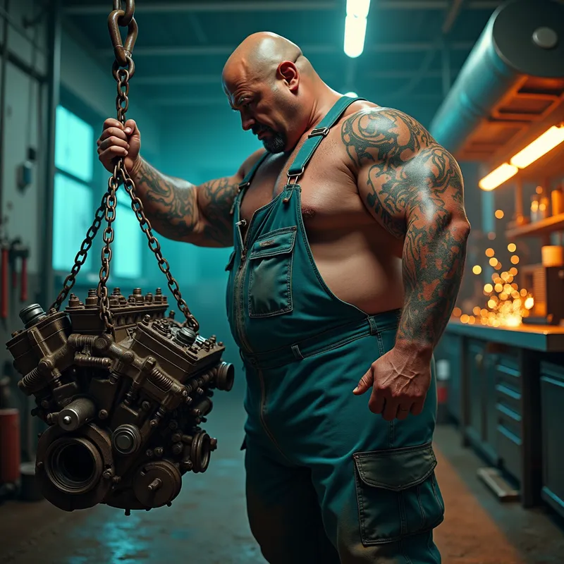 Muscle Mechanic Lifting V8 Engine - Hyper-detailed garage scene, 300-lb bodybuilder auto mechanic, sleeveless coveralls unzipped to waist exposing shredded torso, grease-smeared arms lifting V8 engine block with chain hoist, gritty workshop textures, neon shop lights, sparks in background, moody teal-orange grade, low-angle perspective emphasizing size
- AI image generated with Photorealistic 2