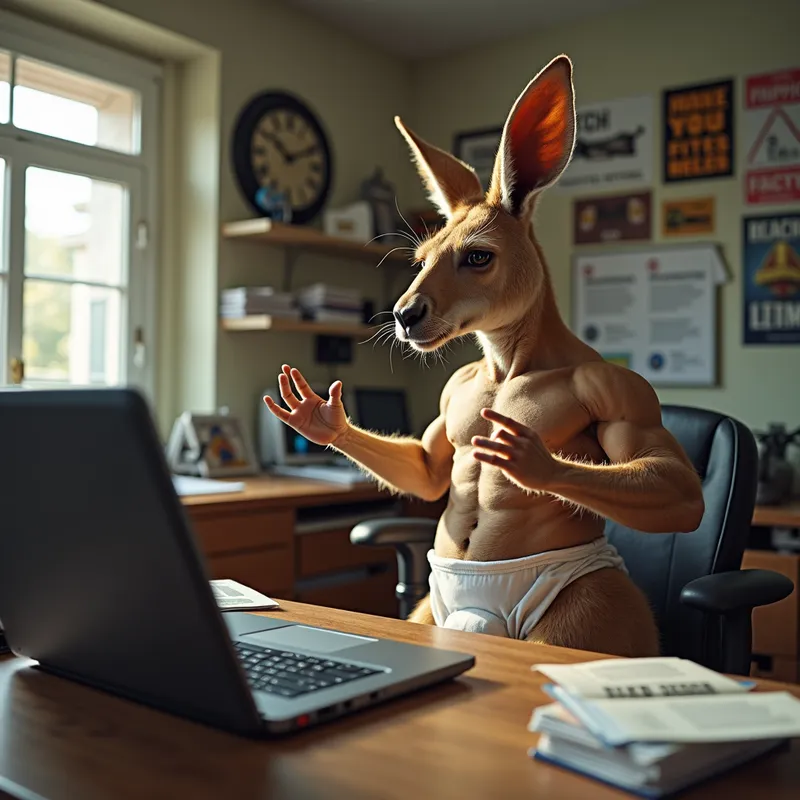 Muscle Meets Modernity - A kangaroo with a bodybuilder physique clad in a thick diaper stands in front of a cluttered desk, angrily waving its hands at an uncooperative laptop. The room is decorated with motivational posters and fitness gear. - AI image generated with Photorealistic 2