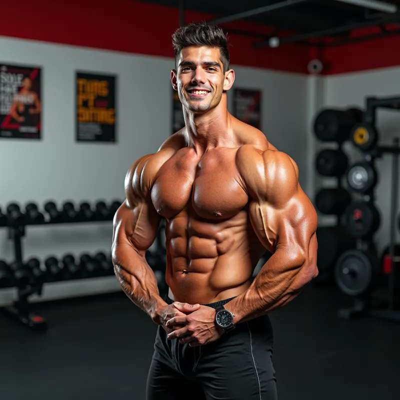 Muscle Showcase: Energet - A young bodybuilder demonstrating his pumped-up muscles and vascularity in a high-energy gym environment, with fitness posters and motivational quotes on the walls. - AI image generated with Photorealistic 2