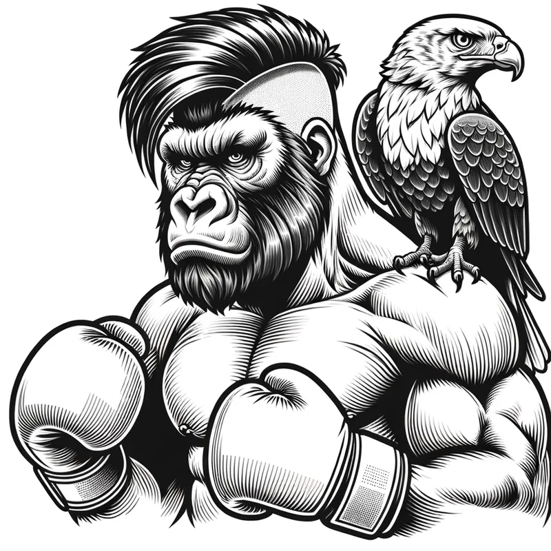 Muscular Gorilla with Boxing Spirit - A line art depiction of a strong and fierce gorilla, adorned with a modern barbershop fade hairstyle, wearing boxing gloves. A hawk perches on his shoulders, adding to the powerful scene. - AI image generated with Art