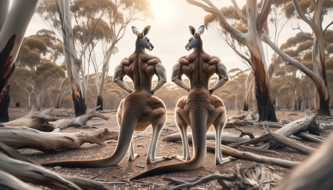 Muscular Kangaroo Duo - Two athletic kangaroos in thick diapers standing back to back, showcasing their muscular physiques in a wilderness setting. - AI image generated with Art
