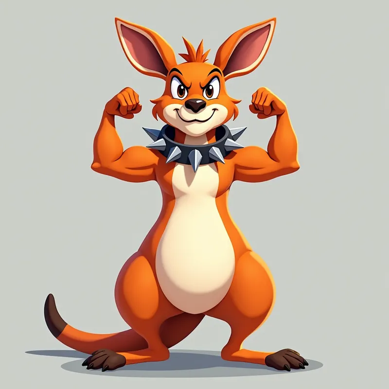 Muscular Kangaroo Flex - A cartoon kangaroo with a muscular physique stands upright on its hind legs, flexing its biceps. The kangaroo is orange with a white belly and a serious expression with a slight smirk. It wears a dark white dog collar adorned with oversized silver jagged spikes. The background is a solid light gray color, emphasizing the kangaroo's powerful and confident stance. - AI image generated with Photorealistic 2