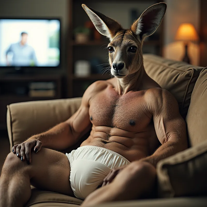 Muscular Kangaroo on Couch - A muscular kangaroo wearing a thick diaper, lounging on a couch looking bored. The scene includes a TV in the background. - AI image generated with Photorealistic 2