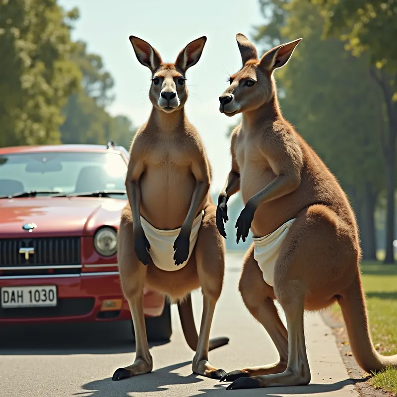 Muscular Kangaroos Handling Car Accident - An artistic depiction of muscular kangaroos wearing thick diapers responding efficiently to a minor car accident near a park. - AI image generated with Photorealistic 2