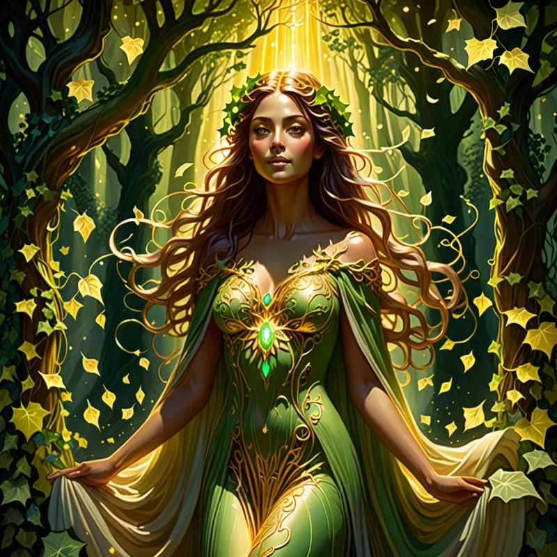 Muse of the Enchanted Canopy - A radiant goddess-like spirit beneath a vast forest canopy, surrounded by swirling petals, ivy, and shafts of golden-green light. She represents beauty, guidance, and artistic inspiration, with expressive eyes and an elegant pose. The setting is magical and serene, designed as a highly detailed fantasy illustration. - AI image generated with Fictional