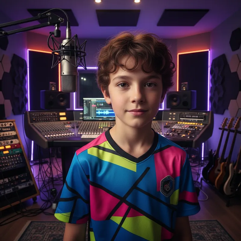 Music Prodigy in Designer Jersey - Face shot of a boy directly facing the viewer, sporting a fashionable, multicolored jersey. The background features an expansive music production studio with consoles, microphones, and artistic lighting. - AI image generated with Nano Banana