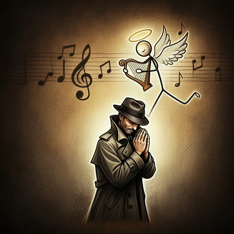 Musical Notes and Praying Figure - A rough pencil sketch on textured paper showcasing a praying stick figure in a black trench coat and fedora. Above, a stick figure angel plays a harp, surrounded by musical notes. The sketch includes cross-hatching for depth and texture. - AI image generated with Imagen 3