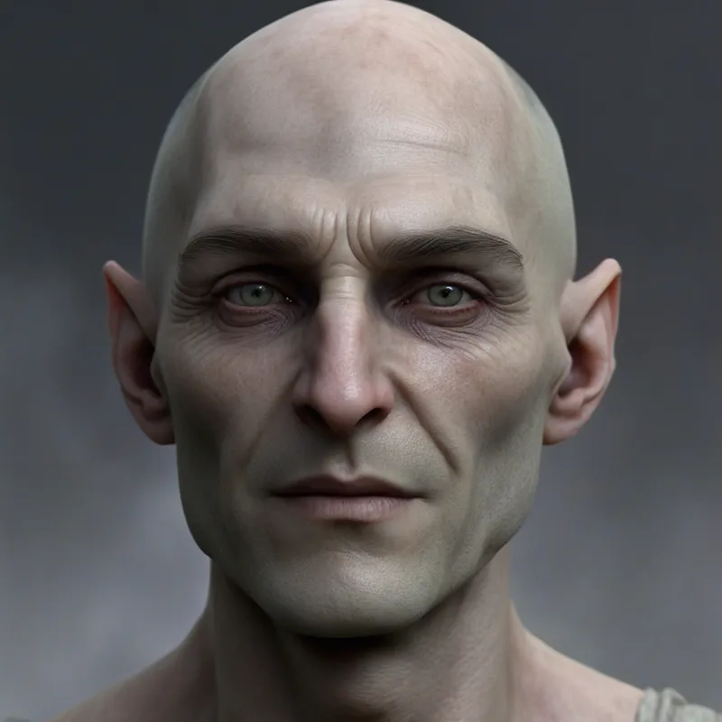 Muted Dramatic Character Study - A realistic character portrait of a pale human man with subtle elvish facial refinement, long narrow features, and an angular sculpted appearance. He has hollow cheeks, a pronounced jawline, a chin dimple, and intense dark gray eyes. His head is bald or covered with very thin gray hair, emphasizing his severe elegance. The image should feature dramatic lighting, high-definition skin texture, muted tones, and a refined, atmospheric composition. - AI image generated with Photorealistic