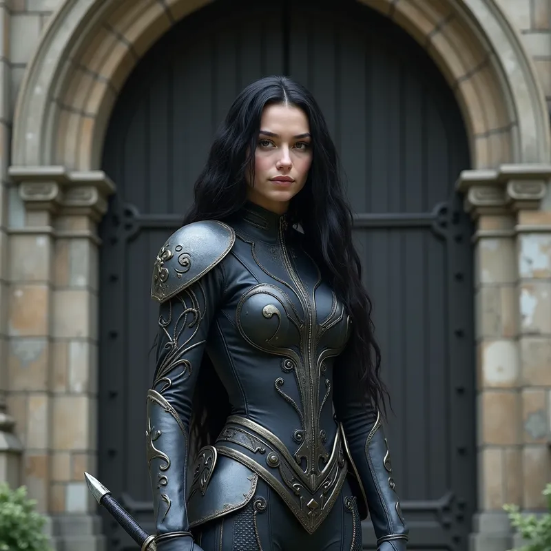 Mysterious Castle Guard - A young female with long black hair, armed with a curved sword. She is dressed in an intricately detailed wetsuit and stands guard in front of the imposing, ancient castle doors. - AI image generated with Photorealistic 2