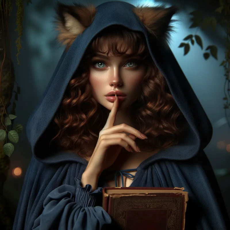 Mysterious Cloaked Woman with Book - A woman with the top half of her face obscured by a blue cloak holds a book to her lips. Her wolf ears and brown curly hair peeking out from the top of her cloak, bangs covering her forehead. - AI image generated with Art