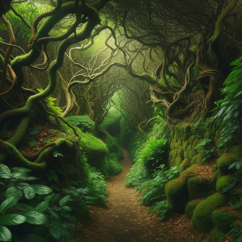 Mysterious Pathway - A dense, enchanting forest path filled with twisting branches and overgrown bushes, where subtle hints and hidden secrets are tucked away. - AI image generated with Art