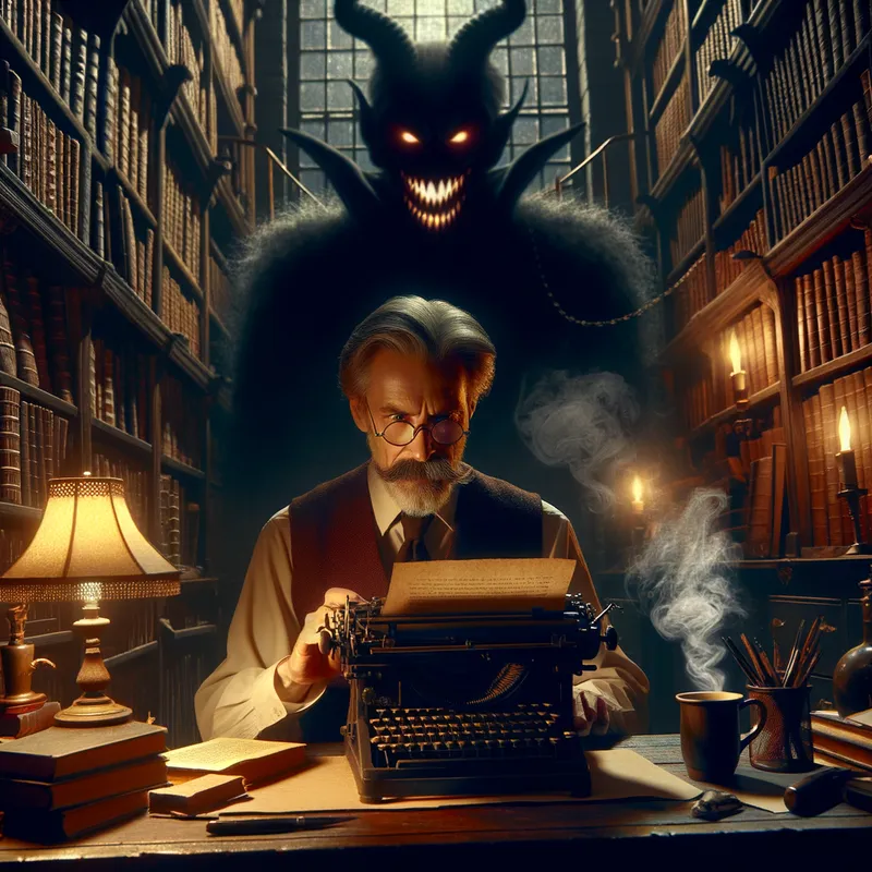 Mystery in the Library - An older writer with thinning gray hair, glasses, and a distinguished mustache and goatee engrossed in typing on his keyboard within a darkened library, unaware of the black, red-eyed, horned shadow with a large, fanged smile looming behind. - AI image generated with Art