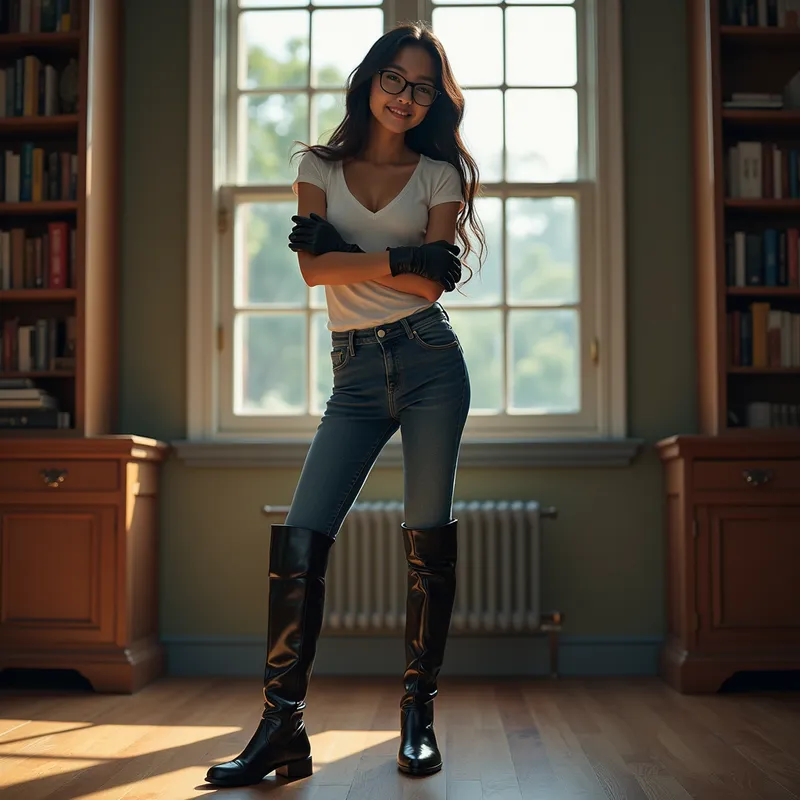 Mystery in the Library - In a luminous library setting with a window showcasing a calm forest, a radiant Asian girl with captivating features and beautiful hair stands alone. She wears chic glasses, a deep v-neck white tee, black shiny leather gloves, fitted blue jeans, and striking tall, glossy black riding boots. She is leaning forward, arms crossed beneath her chest, looking down from above with loving eyes and a mischievous smile. The perspective is from the floor, emphasizing her boots and elegant presence. - AI image generated with Photorealistic 2