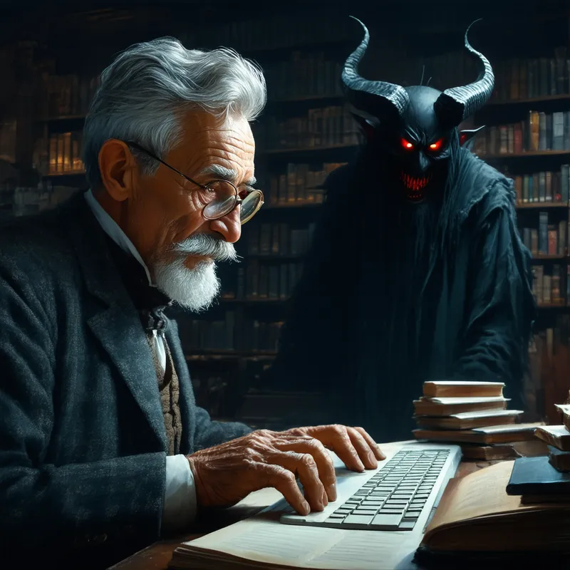 Mystery in the Library - An older writer with thinning gray hair, glasses, and a distinguished mustache and goatee engrossed in typing on his keyboard within a darkened library, unaware of the black, red-eyed, horned shadow with a large, fanged smile looming behind.