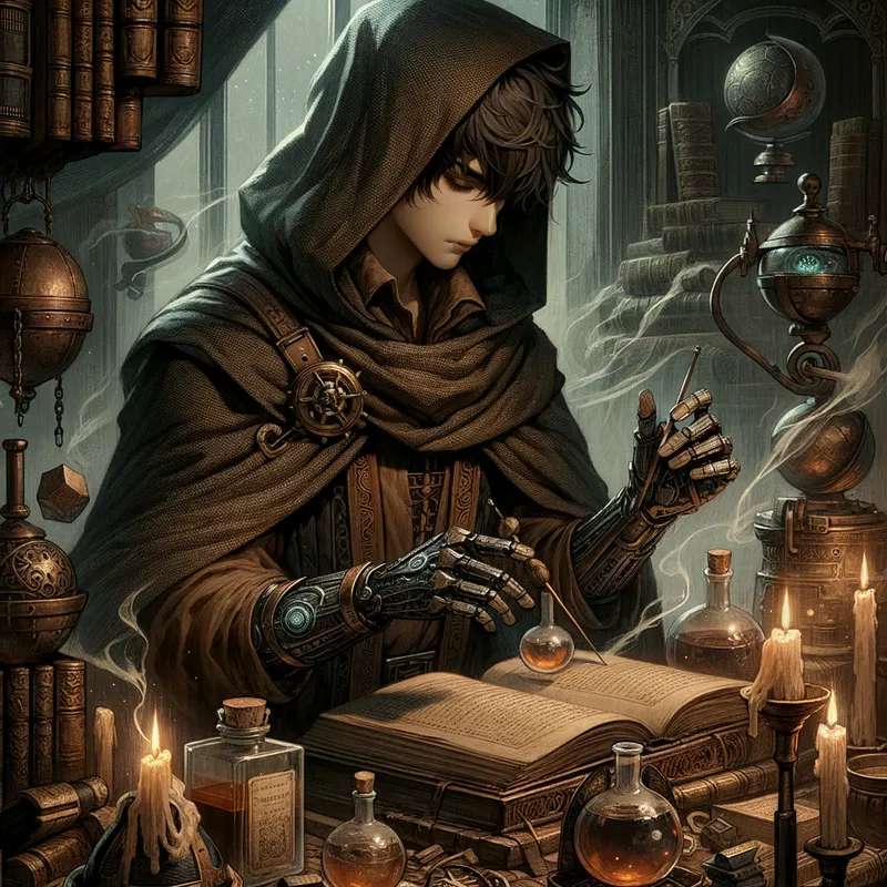 Mystic Alchemy - A young medieval alchemy student with dark brown hair, partially hidden by a cloak, revealing his metal left arm and right leg. He works on an alchemical experiment, surrounded by ancient books and mystical artifacts. - AI image generated with Art - fantasy art