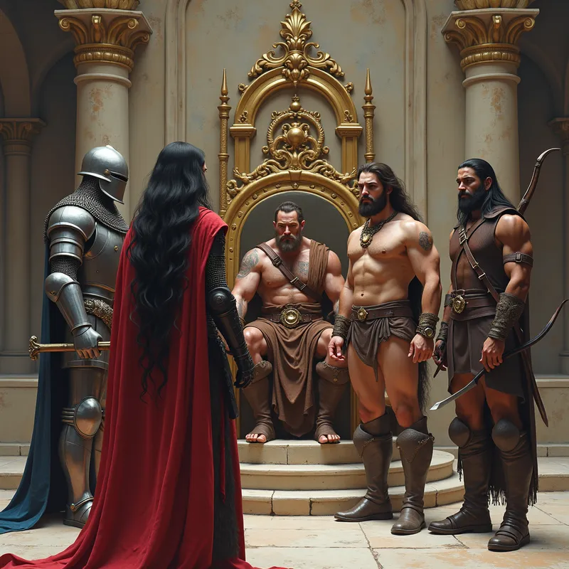 Mystic Assembly - A mesmerizing sorceress stands before an ornate throne, facing a male knight in chainmail who carries a heavy mace. Beside him, a muscular male barbarian in a loin cloth grips a broad sword. To his right, a watchful ranger in leather armor stands with a bow, completing the group. - AI image generated with Photorealistic 2