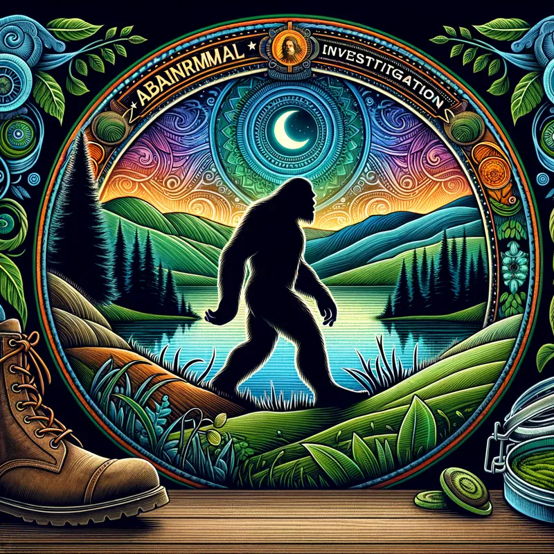 Mystic Bigfoot Scene - A mystical image depicting a fancy outlined Bigfoot surrounded by a rich tapestry of colors representing hills, water, and trees. Noticeably, there are boots on the ground with the phrase 'abnormal investigation boots on the ground'. - AI image generated with Art