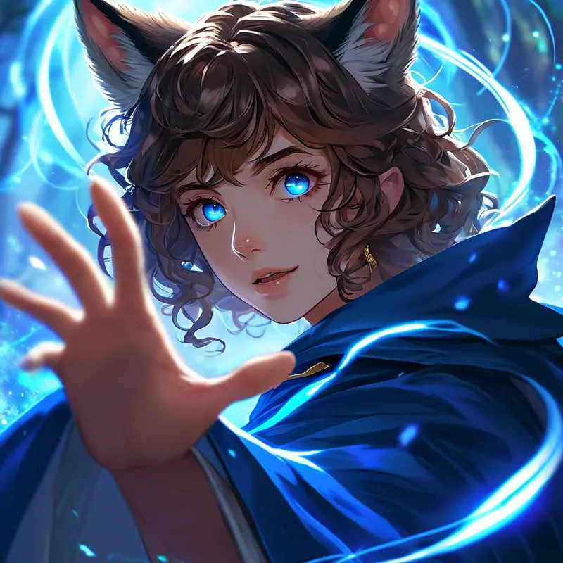 Mystic Cloaked Guardian - A spirited heroine with curly brown hair, prominent bangs, and wolf ears hidden beneath a blue cloak. Her eyes are an unearthly blue, and she stretches her hand toward the camera. The scene is magical and dynamic, with swirling blue lights around her. - AI image generated with Nova Canvas