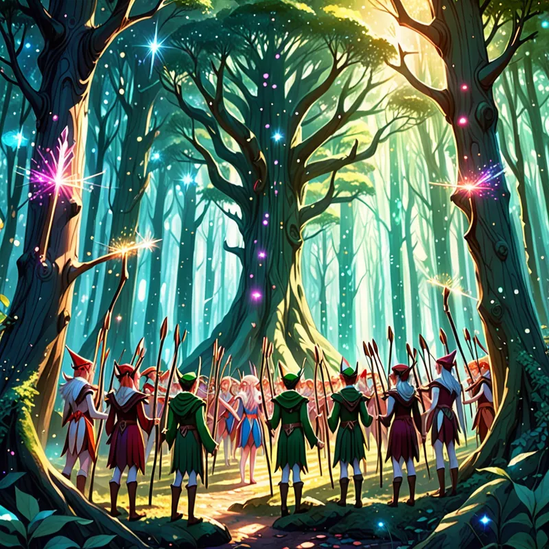 Mystic Elf Grove - A vibrant anime fantasy illustration of elf people gathered in a sacred grove, equipped with bows and arrows, holding wooden sticks, with towering trees and sparkling magical effects all around. - AI image generated with Fictional