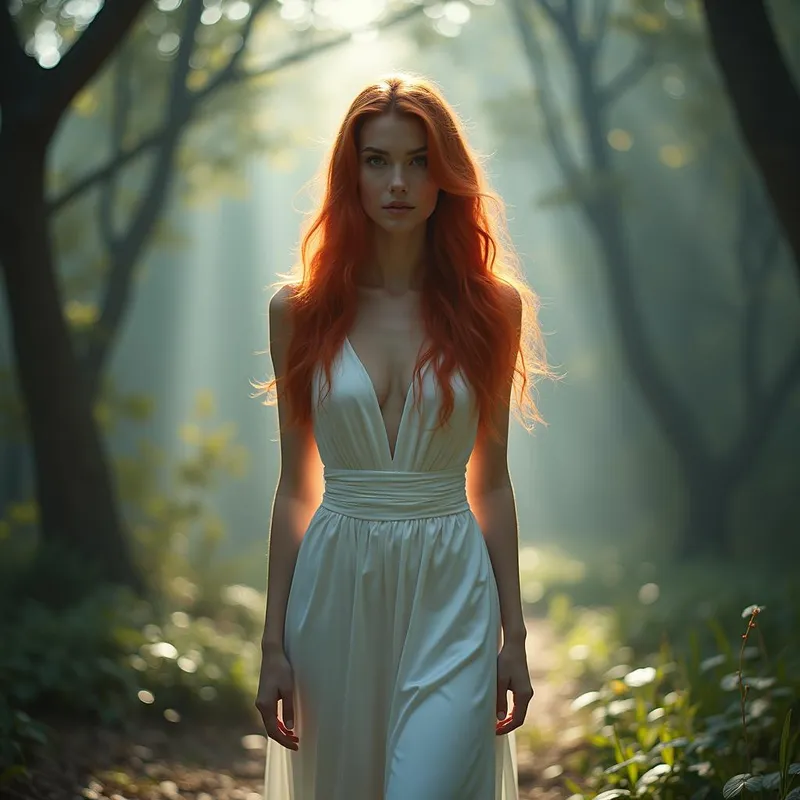 Mystic Enchantment - A mesmerizing young woman with fiery red hair, draped in pure white satin, standing in an enchanted forest with mist and magical light filtering through the trees. - AI image generated with Photorealistic 2 - photorealistic, surrealismus, high dynamic range)