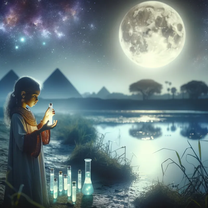Mystic Experiments - A mystical scene depicting an Egyptian girl standing by a riverbank under a full moon, holding glass tubes with glowing liquids. The reflection in the water adds an ethereal quality to the image, with ancient pyramids in the background. - AI image generated with Art