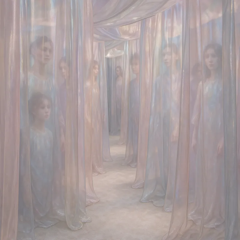 Mystic Fabric Hallways - Step into a maze of shimmering, sheer fabrics in delicate pastels and pearlescent tones. The curtains, suspended from unseen structures, create narrow, constantly shifting pathways. Light filters through the layers, producing a dreamlike, diffused glow. Reflections of ephemeral faces and figures seem to appear and disappear on the silk, giving the impression that the fabric may hold memories. The carpeted ground, soft as downy cotton, muffles every sound. - AI image generated with GPT Image