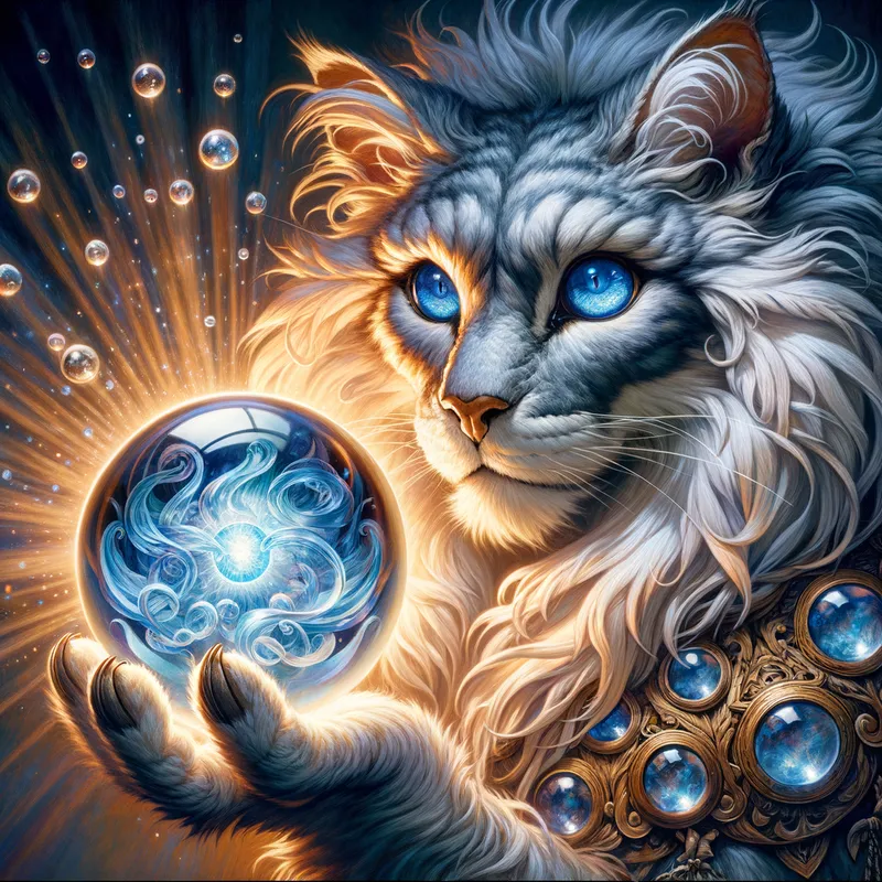 Mystic Feline Divination - Illustrate a fantasy scene where a wise, blue-eyed cat with luxurious fur is gazing into a crystal ball, predicting an impending arcane event. The crystal ball shimmers with a mystical light, while the glowing orb in the cat's hand pulses with magical power. The visual style should be an amalgamation of furry art and the majestic essence of Magic the Gathering, inspired by Aleksi Briclot's evocative concept art.
- AI image generated with Art - HD