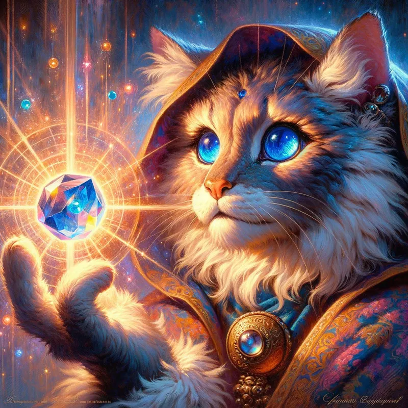 Mystic Felyne's Divination - Illustrate a fantasy scene where a wise, blue-eyed cat with luxurious fur is gazing into a crystal ball, predicting an impending arcane event. The crystal ball shimmers with a mystical light, while the glowing orb in the cat's hand pulses with magical power. The visual style should be an amalgamation of furry art and the majestic essence of Magic the Gathering, inspired by Aleksi Briclot's evocative concept art.
- AI image generated with Art - HD