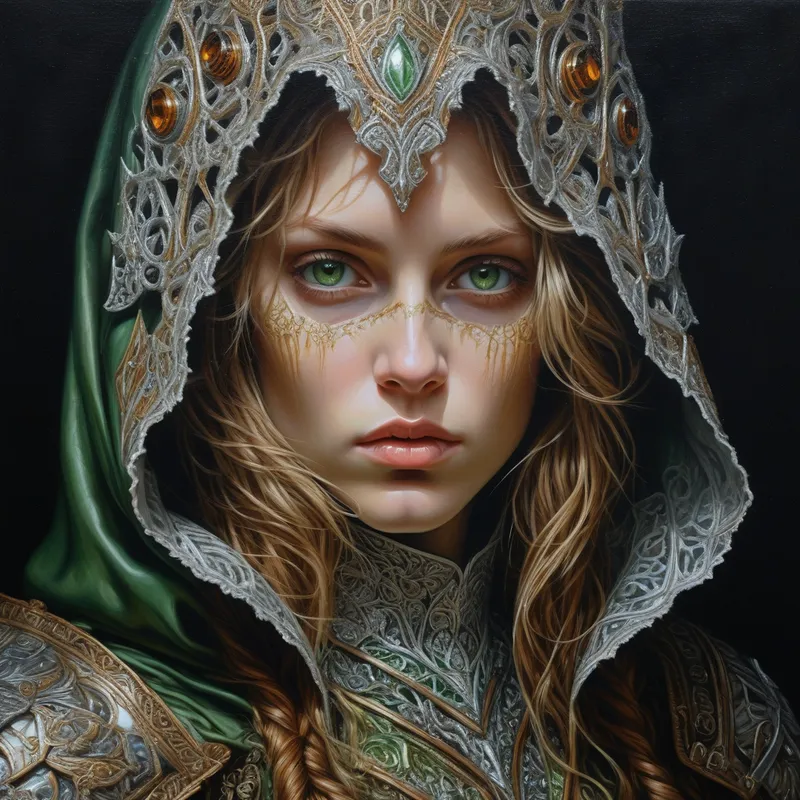 Mystic Filigree Portrait - An ultra-detailed oil painting in chiaroscuro style depicting a stunning ethereal woman with messy brown hair, blond highlights, and piercing amber eyes with an icy intensity. She is adorned in elaborate green and silver armor with intricate patterns, metallic filigree, scale textures, and elegant lace-like ornamentation under an embroidered hood. High realism, fantasy couture, dramatic focus, and a soft mystical mood. - AI image generated with Photorealistic - alcohol ink, chalk