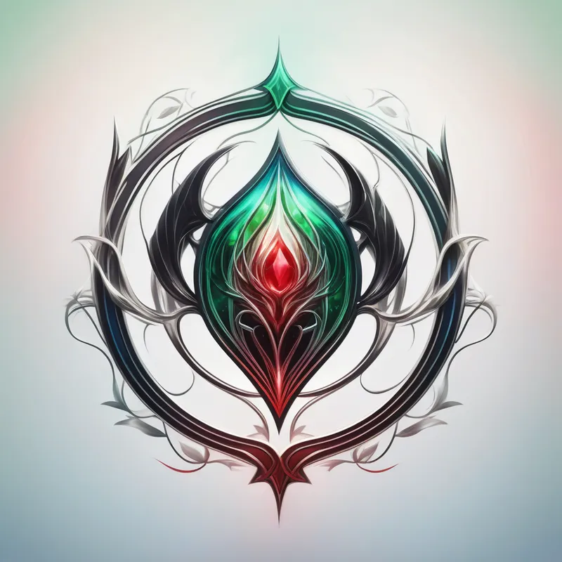 Mystic Five-Color Crest - A fantasy-inspired logo with elegant symmetrical shapes, blending red, green, white, blue, and black into a polished magical crest, illuminated by soft aura effects and arcane energy lines. - AI image generated with Stable Diffusion XL