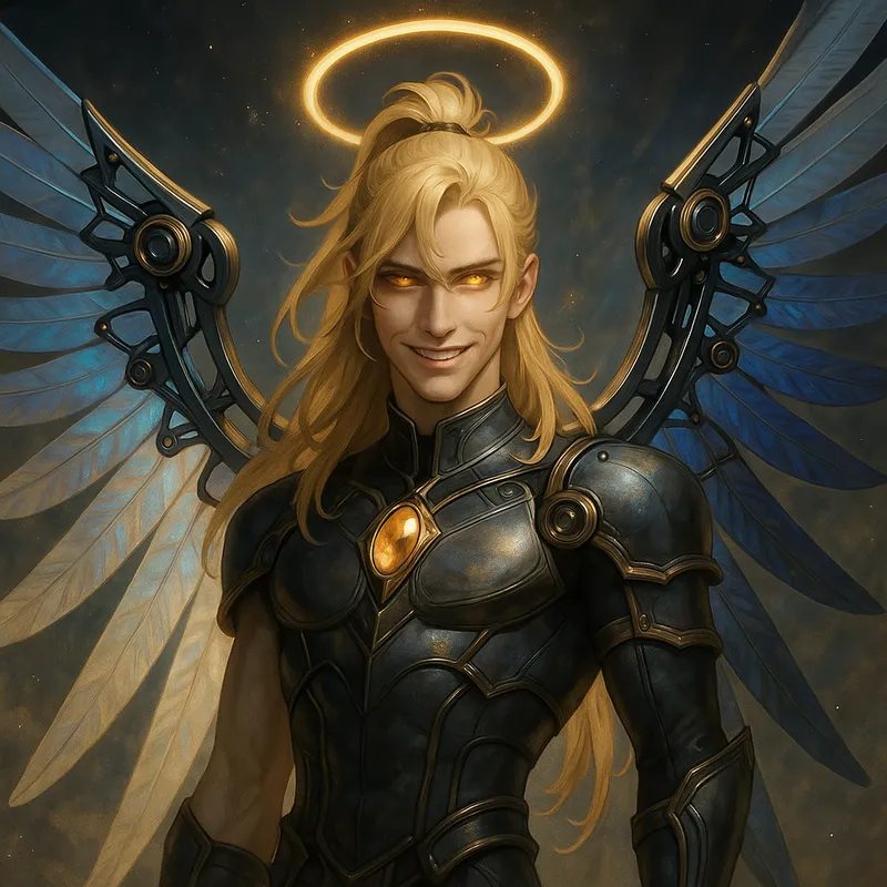 Mystic Flare - A dazzling solo boy with a slender masculine body, halo, and mechanical wings. His two-tone wings shimmer lightly as his golden eyes glow fiercely. With a high ponytail and blond hair falling over his shoulders, he has a smile that exudes mystery and charm, enhanced by the chest jewel and armoring details on his person. - AI image generated with GPT Image