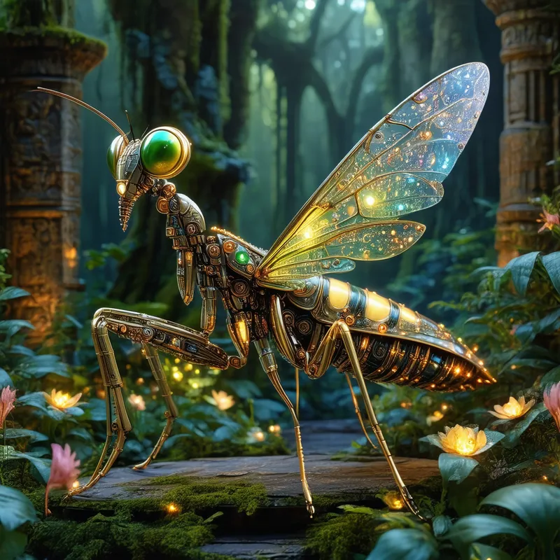 Mystic Forest Praying Automaton - A vividly detailed automaton modeled after a praying mantis, enhanced with intricate mechanical design and a wasp's stinger at its abdomen. With an extra set of arms, it stands among the glowing flora and ancient ruins of a mystical forest, blending the natural with the mechanical to evoke a strong sense of enchantment and mystery.