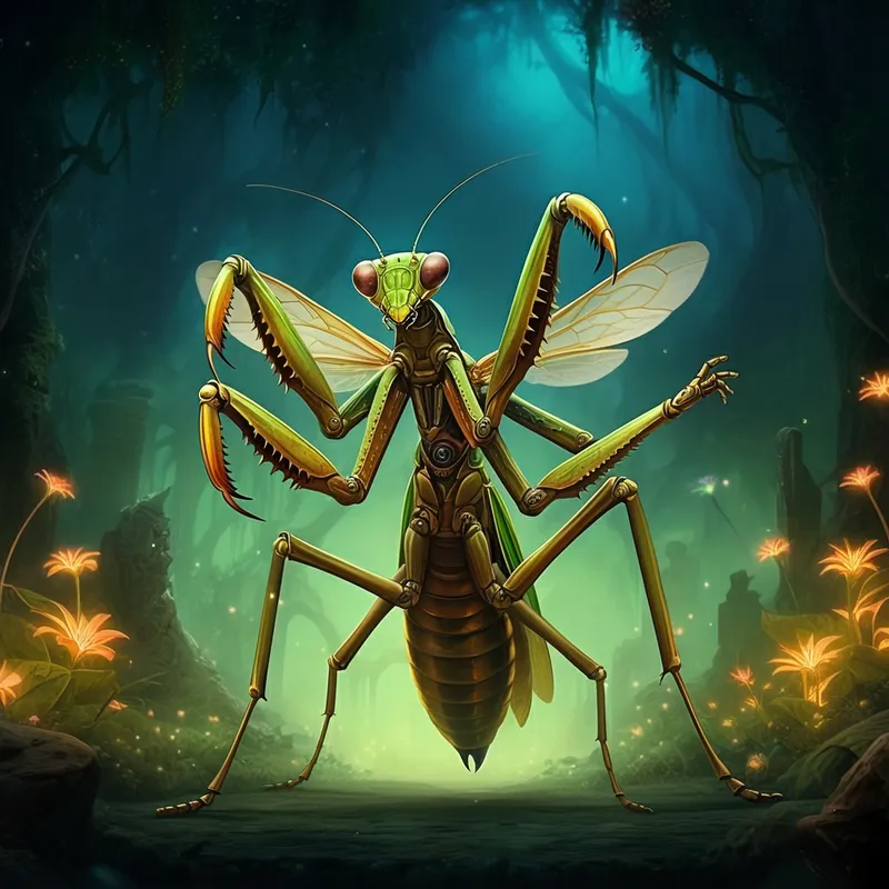 Mystic Forest Praying Automaton - A vividly detailed automaton modeled after a praying mantis, enhanced with intricate mechanical design and a wasp's stinger at its abdomen. With an extra set of arms, it stands among the glowing flora and ancient ruins of a mystical forest, blending the natural with the mechanical to evoke a strong sense of enchantment and mystery. - AI image generated with Imagen 3
