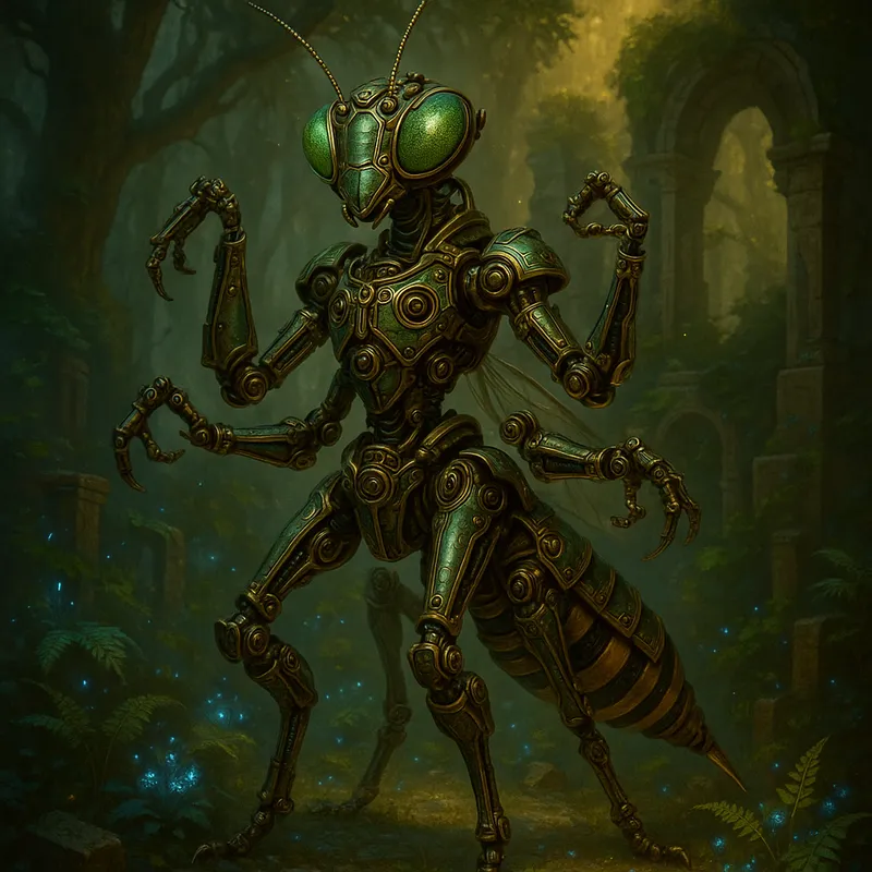 Mystic Forest Praying Automaton - A vividly detailed automaton modeled after a praying mantis, enhanced with intricate mechanical design and a wasp's stinger at its abdomen. With an extra set of arms, it stands among the glowing flora and ancient ruins of a mystical forest, blending the natural with the mechanical to evoke a strong sense of enchantment and mystery. - AI image generated with GPT Image