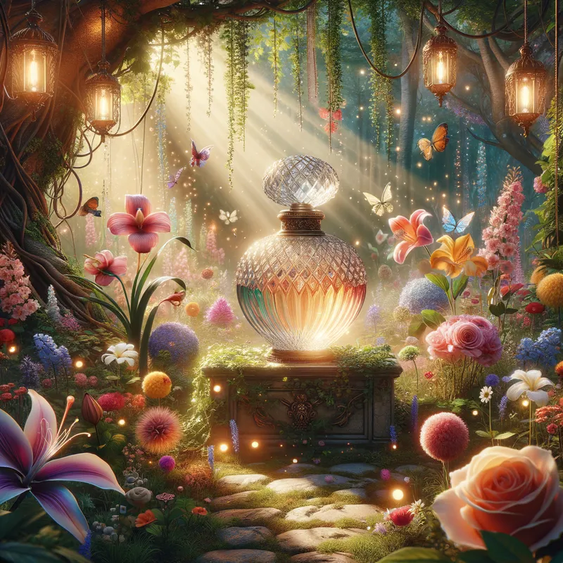 Mystic Garden - A magical, enchanted garden with a beautifully designed perfume bottle at its center. The garden is filled with vibrant, exotic flowers, twinkling fairy lights, and a hint of mist, creating an air of mystery and enchantment. - AI image generated with Art