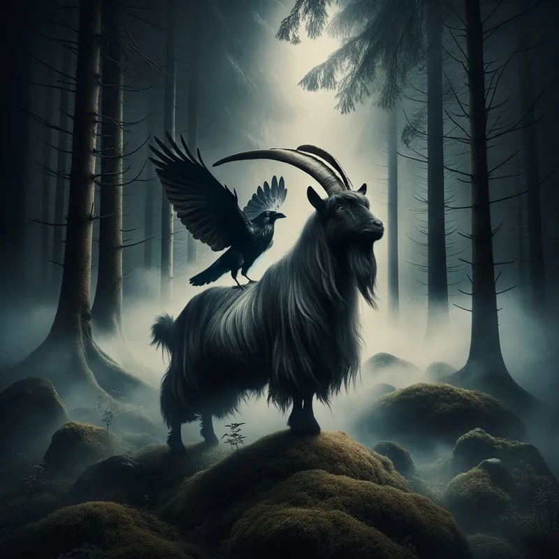 Mystic Goat and Raven - A mystical scene featuring a regal goat standing in a dark forest with a black raven perched on its back. The ambiance is eerie and enchanting with mist swirling around. - AI image generated with Art - fantasy art