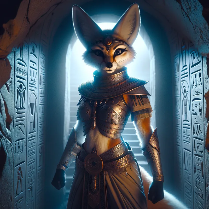 Mystic Guardian - A mystical anthropomorphic female fennec fox wearing ancient Egyptian warrior armor, standing guard at the entrance of a hidden tomb, illuminated by the moonlight. - AI image generated with Art