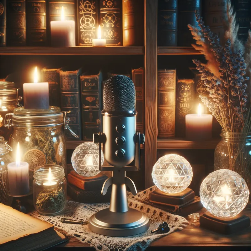 Mystic Mic - A cozy witchy podcast studio adorned with crystal orbs, ebbing candlelight, and vintage microphones, surrounded by shelves of spell books and herbs. - AI image generated with Art