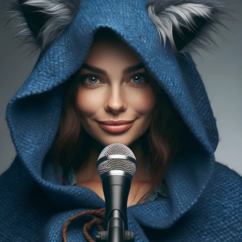 Mystic Microphone Wolfess - A woman with her face obscured by a blue cloak smirks as she holds a microphone to her lips. Her wolf ears peeking out from the top of her cloak. - AI image generated with Art