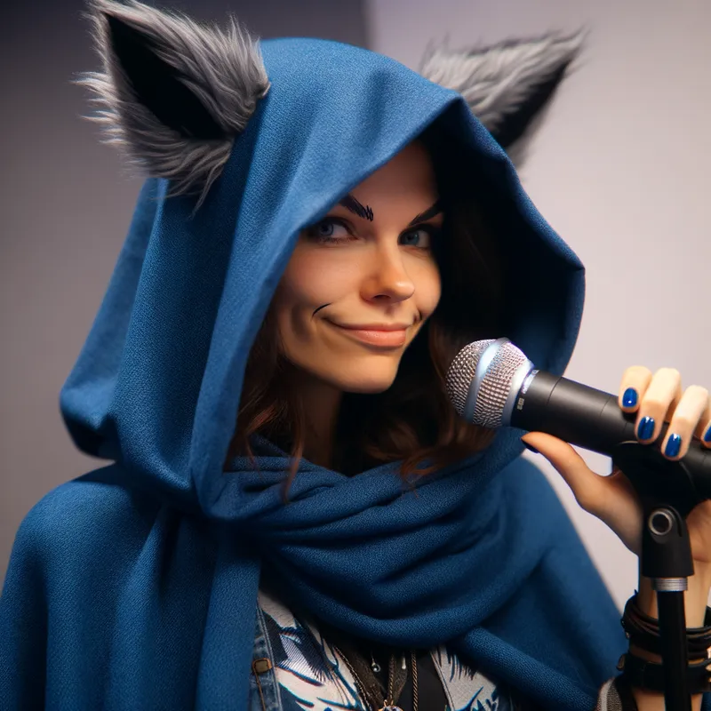 Mystic Microphone Wolfess - A woman with her face obscured by a blue cloak smirks as she holds a microphone to her lips. Her wolf ears peeking out from the top of her cloak. - AI image generated with Art